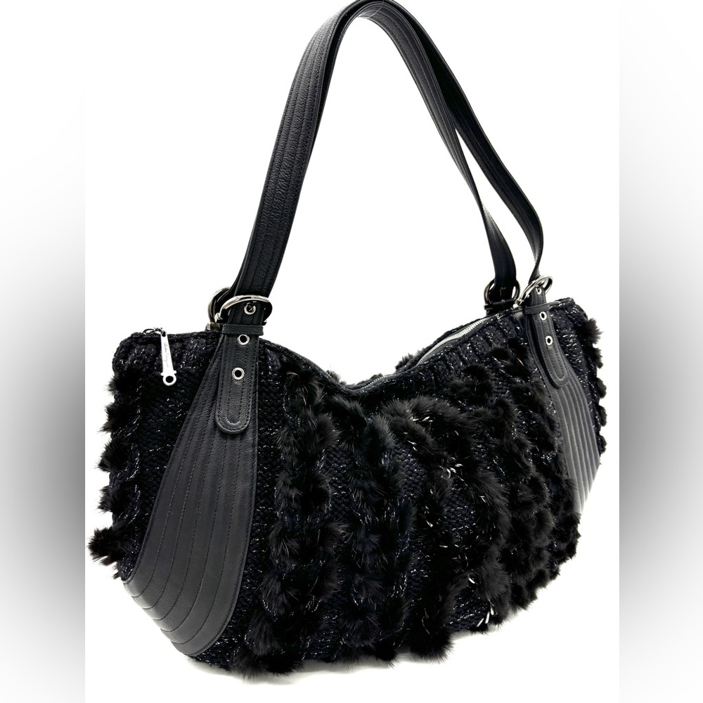 Salvatore Ferragamo Balena Black Leather Mink Fur Woven Hobo Bag